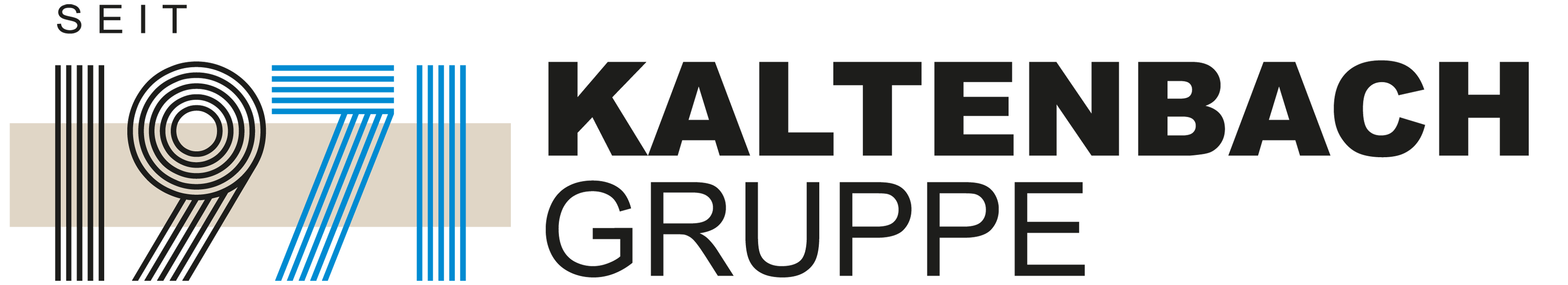 Logo mit dem Text SEIT 1971 KALTENBACH GRUPPE. Die Zahl 1971 ist mit beigen und blauen Linien stilisiert, und die KALTENBACH GRUPPE erscheint in fetten schwarzen Buchstaben auf der rechten Seite. Rider's Point der Kaltenbach Gruppe. Dein Partner für BMW Motorrad und Honda.