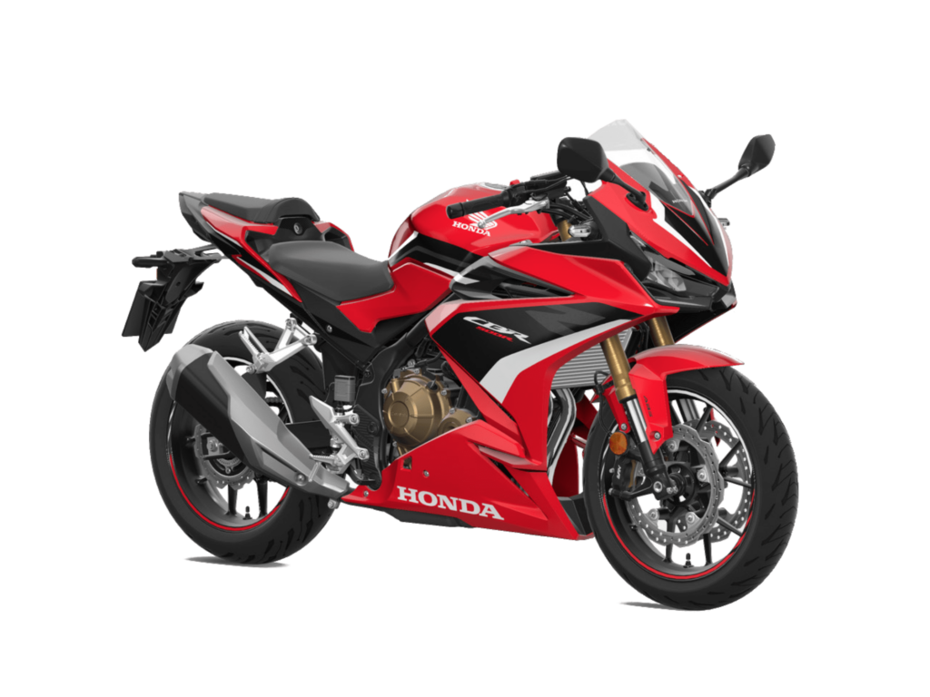 Ein rotes Honda CBR650R-Sportmotorrad mit schwarzen und weißen Akzenten, dargestellt von der Vorderseite auf einem weißen Hintergrund. Dieses schnittige Motorrad verfügt über aerodynamische Verkleidungen und einen goldfarbenen Motor und ist jetzt bei HONDA DEALZ erhältlich. Rider's Point der Kaltenbach Gruppe. Dein Partner für BMW Motorrad und Honda.