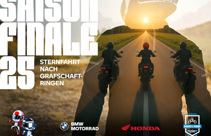 Plakat mit großem Text Saisonfinale 25 und Sternfahrt nach Grafschaft-Ringen. Silhouetten von drei Motorradfahrern, die bei Sonnenuntergang auf einer offenen Straße fahren, mit BMW- und Honda-Logos am unteren Rand. Rider's Point der Kaltenbach Gruppe. Dein Partner für BMW Motorrad und Honda.