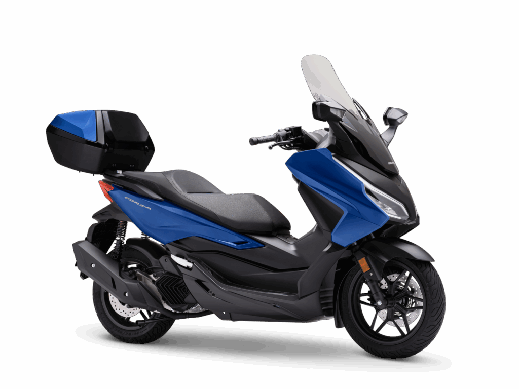 Ein moderner blau-schwarzer Roller mit Windschutzscheibe und hinterem Staufach, präsentiert auf weißem Hintergrund - perfekt, um die HONDA 125er Deal Days zu nutzen. Rider's Point der Kaltenbach Gruppe. Dein Partner für BMW Motorrad und Honda.