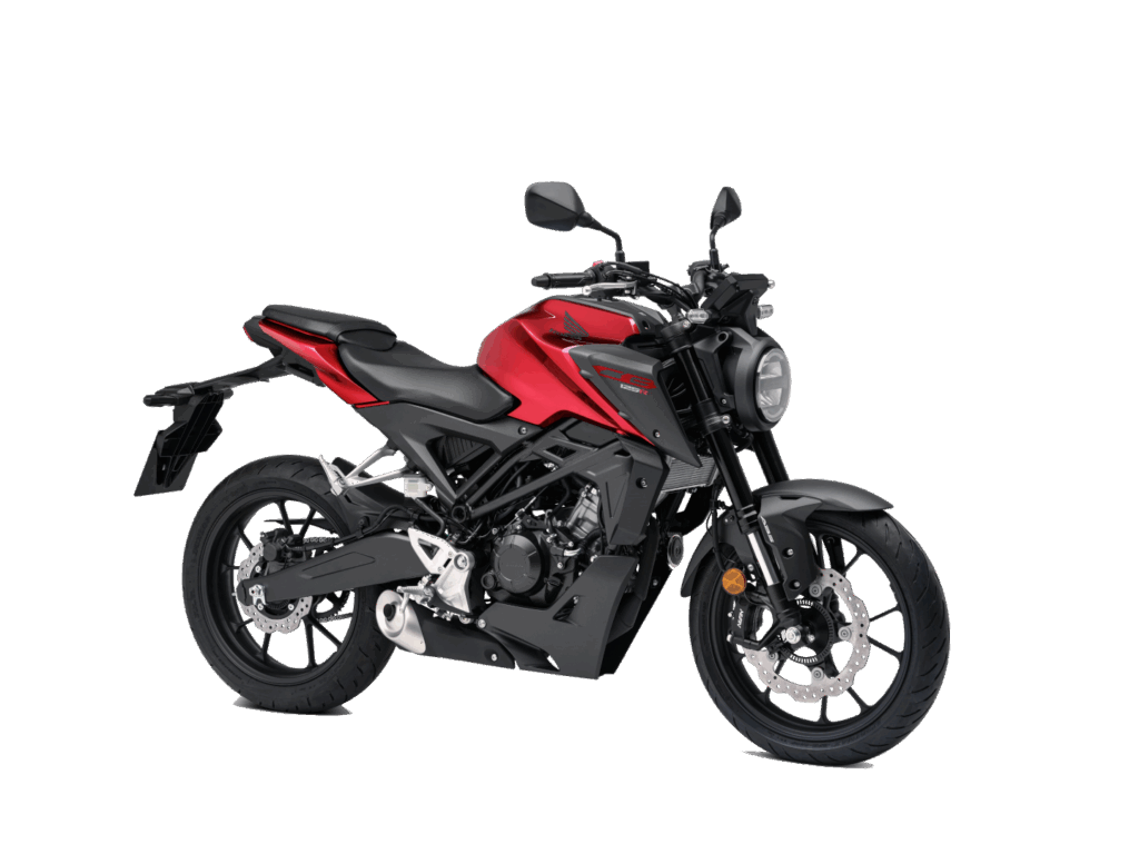 Ein rot-schwarzes, modernes Sportmotorrad mit rundem Scheinwerfer, sichtbarem Auspuff, Scheibenbremsen und einem schlanken, kantigen Design steht auf weißem Hintergrund - perfekt für die HONDA 125er Deal Days. Rider's Point der Kaltenbach Gruppe. Dein Partner für BMW Motorrad und Honda.