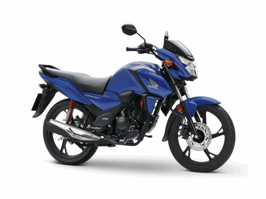 Ein blaues Honda-Motorrad mit schwarzen Akzenten und roter Hinterradaufhängung, von der Seite betrachtet, mit Rädern, Auspuff, Scheinwerfer und Lenker auf einem schlichten weißen Hintergrund - perfekt für alle, die eine Honda-Finanzierung in Betracht ziehen. Rider's Point der Kaltenbach Gruppe. Dein Partner für BMW Motorrad und Honda.