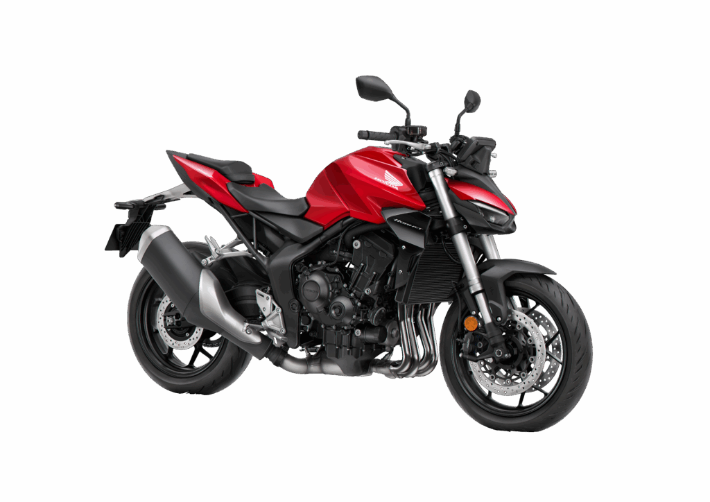 Ein rotes und schwarzes, modernes Sportmotorrad mit einem schnittigen Design, das in einem leichten Winkel von der linken Vorderseite auf einem schlichten weißen Hintergrund gezeigt wird - perfekt für diejenigen, die eine Honda Finanzierung in Betracht ziehen. Rider's Point der Kaltenbach Gruppe. Dein Partner für BMW Motorrad und Honda.