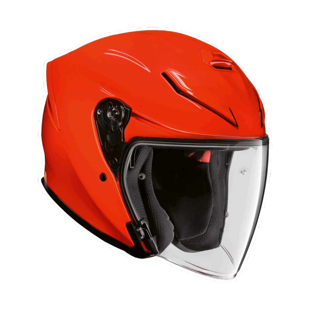Ein leuchtend roter Motorradhelm mit klarem Visier, schwarzer Innenpolsterung und Belüftungsschlitzen auf der Oberseite, dargestellt aus einem seitlichen Winkel auf weißem Hintergrund - Teil der BMW Motorrad Fahrerausstattung reduziert Kollektion. Rider's Point der Kaltenbach Gruppe. Dein Partner für BMW Motorrad und Honda.