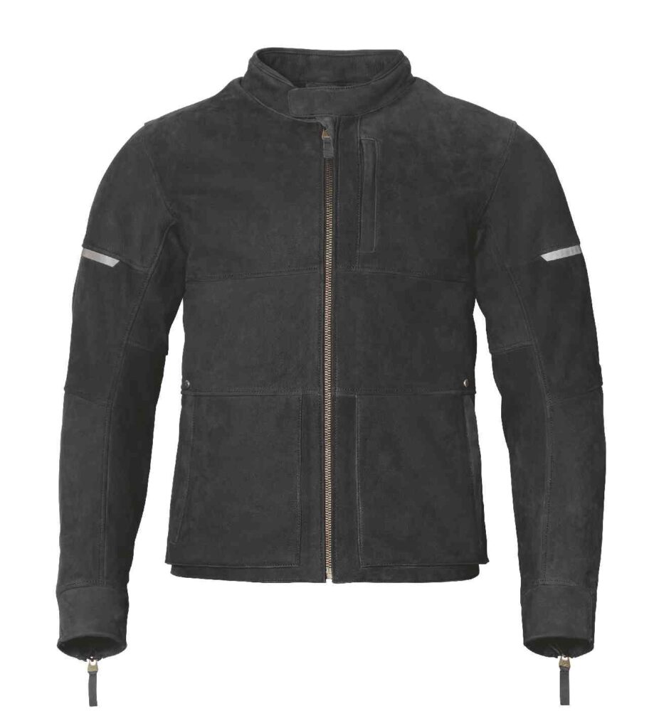 Schwarze Wildlederjacke von BMW Motorrad Fahrerausstattung mit Frontreißverschluss, hohem Kragen, Reißverschlussmanschetten, Reflexstreifen an den Oberarmen und mehreren Taschen auf weißem Hintergrund. Jetzt stark reduziert!. Rider's Point der Kaltenbach Gruppe. Dein Partner für BMW Motorrad und Honda.