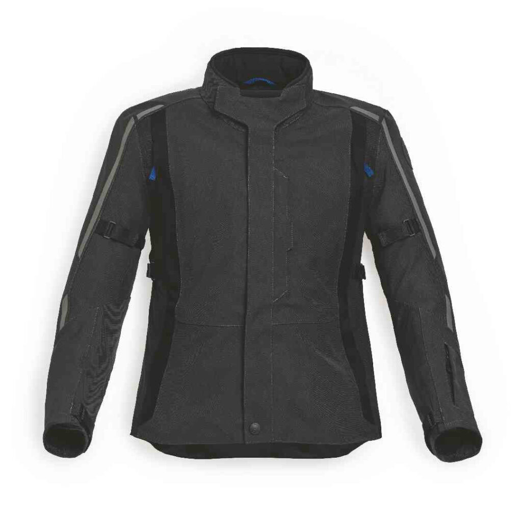 Eine schwarz-dunkelgraue Motorradjacke mit langen Ärmeln, hohem Kragen und mehreren Taschen und Reißverschlüssen, dargestellt auf weißem Hintergrund. BMW Motorrad Fahrerausstattung reduziert. Rider's Point der Kaltenbach Gruppe. Dein Partner für BMW Motorrad und Honda.