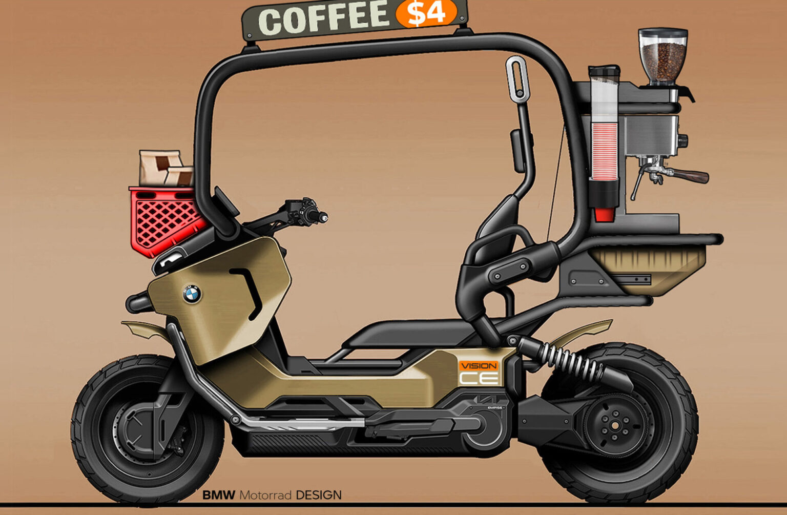Eine Konzeptillustration eines BMW-Rollers, der als mobiler Kaffeestand umgebaut wurde, mit einer Kaffeemaschine, einer Kaffeemühle, einem Becherhalter und einem Schild mit der Aufschrift COFFEE $4 obenauf. Der Entwurf ist mit BMW Motorrad DESIGN beschriftet. Rider's Point der Kaltenbach Gruppe. Dein Partner für BMW Motorrad und Honda.