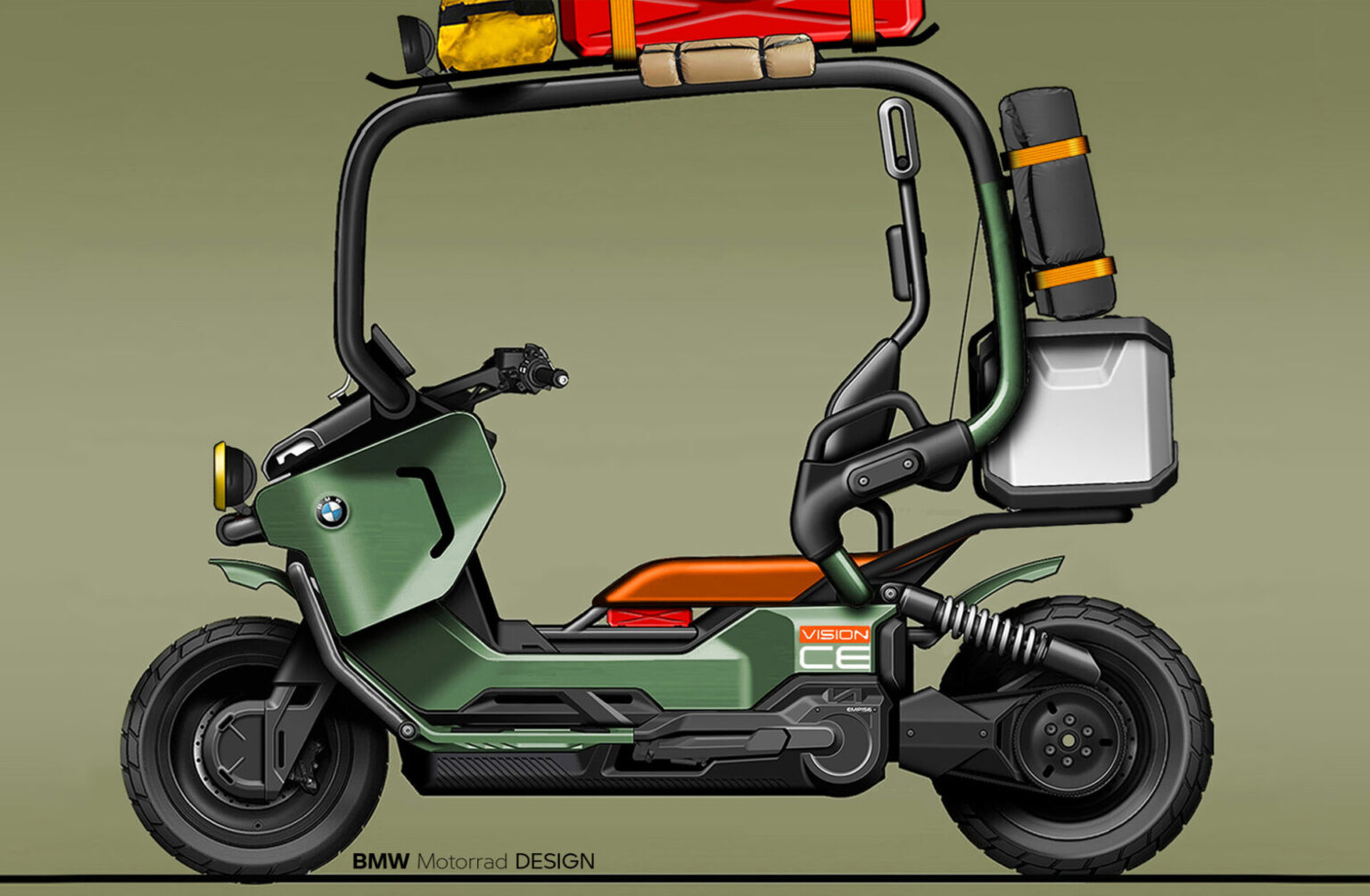 Eine Konzeptillustration eines grünen BMW-Elektrorollers mit robusten Reifen, orangefarbener und roter Campingausrüstung, die am Rahmen und auf dem Dach befestigt ist, und einem modernen, minimalistischen Design. Rider's Point der Kaltenbach Gruppe. Dein Partner für BMW Motorrad und Honda.