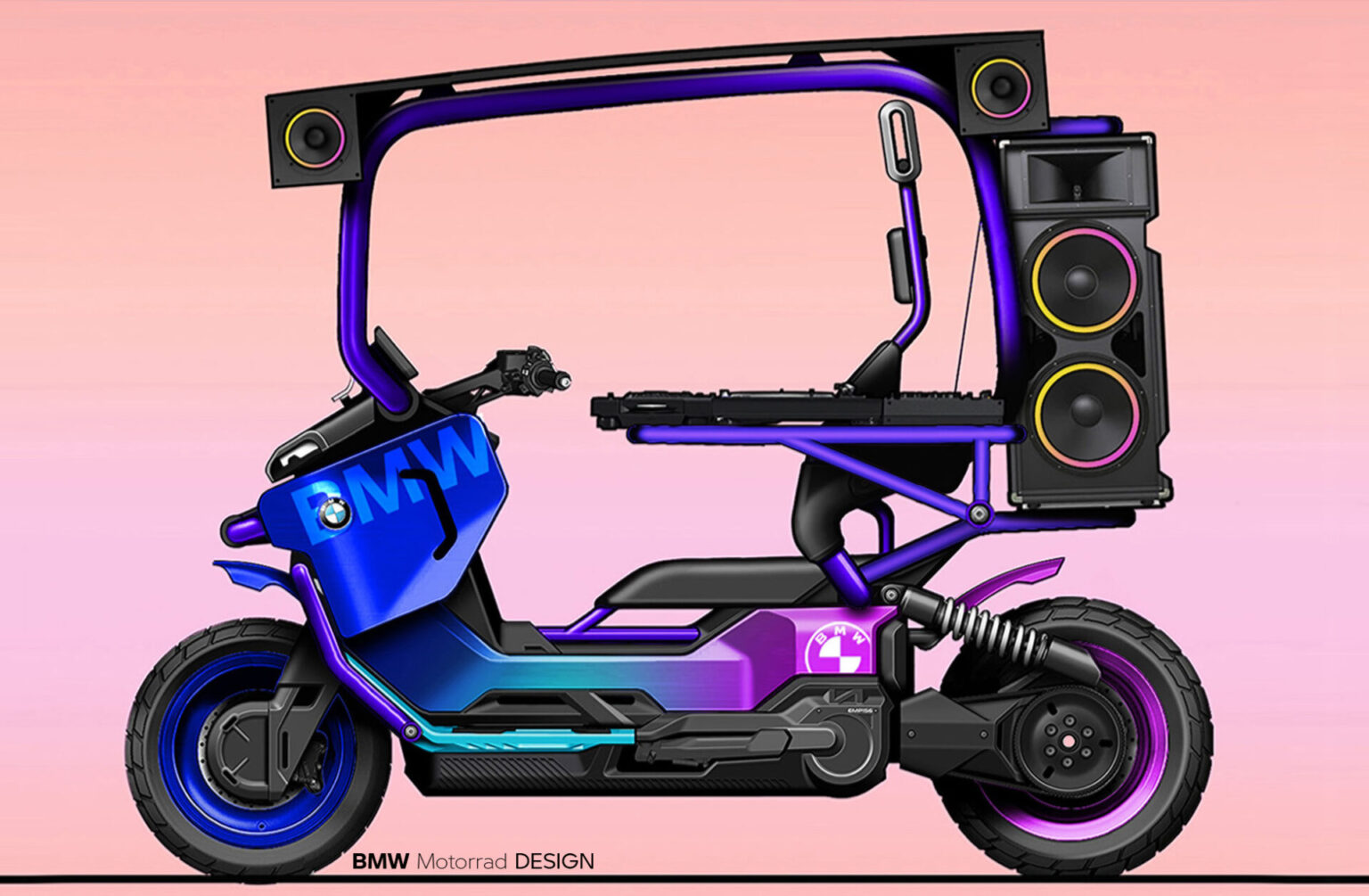 Ein futuristischer Elektroroller in den Farben Blau und Lila, ausgestattet mit großen Lautsprechern und einem DJ-Setup über dem Sitz, vor einem Hintergrund mit rosa Farbverlauf. Rider's Point der Kaltenbach Gruppe. Dein Partner für BMW Motorrad und Honda.