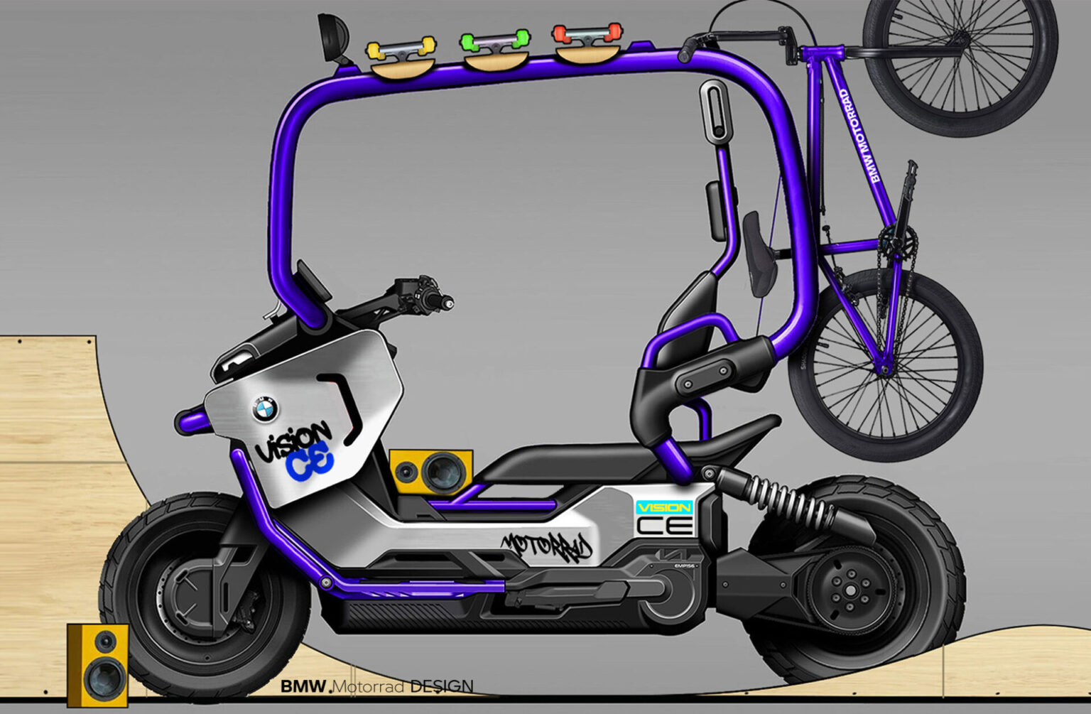 Ein futuristischer Elektroroller mit einem darauf montierten Fahrrad und Hot Dogs, die auf einer Stange über dem Sitz aufgereiht sind. Der Scooter ist überwiegend schwarz und lila, mit Lautsprechern und Rampenelementen im Hintergrund. Rider's Point der Kaltenbach Gruppe. Dein Partner für BMW Motorrad und Honda.