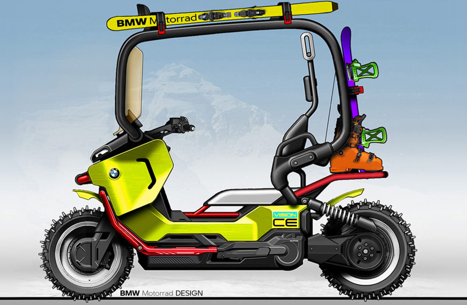 Illustration eines futuristischen BMW-Elektrorollers mit Geländereifen, einem leuchtend gelben Rahmen, einem Dachgepäckträger mit Skiern und einem Snowboard und einem minimalistischen Design vor einem verschneiten Berghintergrund. Rider's Point der Kaltenbach Gruppe. Dein Partner für BMW Motorrad und Honda.