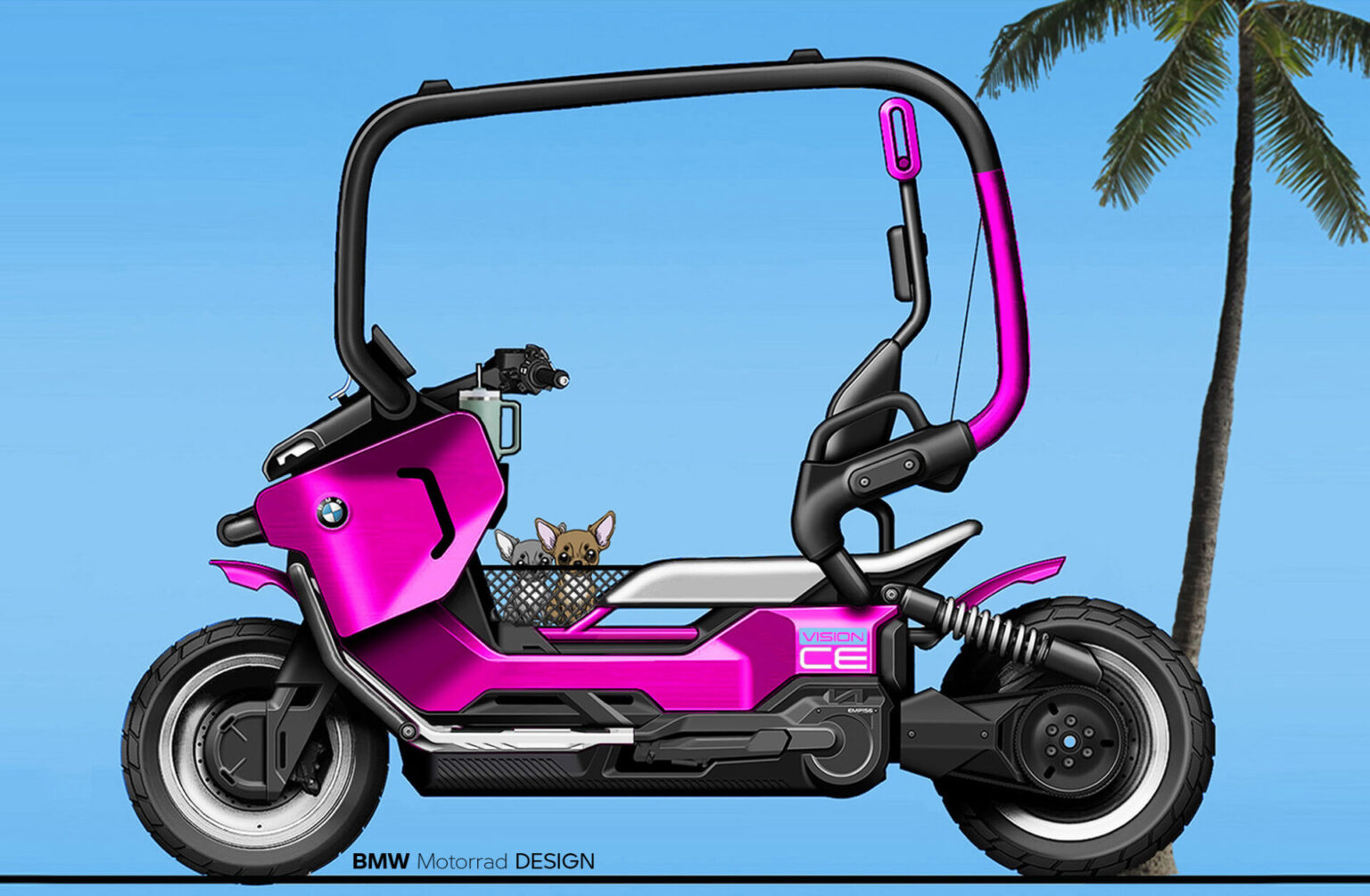 Ein hellrosa Elektroroller mit modernem Design wird im Profil gezeigt. Ein kleiner Hund lugt aus einem Korb auf dem mittleren Sitz hervor. Im Hintergrund sind eine Palme und ein strahlend blauer Himmel zu sehen. Rider's Point der Kaltenbach Gruppe. Dein Partner für BMW Motorrad und Honda.