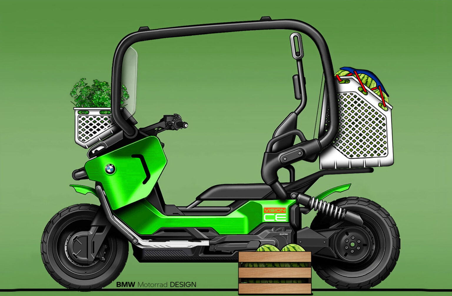 Illustration eines futuristischen grünen BMW-Rollers mit offenem Rahmen, der einen Korb mit Lebensmitteln und eine Topfpflanze trägt. Der Roller ist vor einem grünen Hintergrund mit einer Kiste mit Äpfeln daneben zu sehen. Rider's Point der Kaltenbach Gruppe. Dein Partner für BMW Motorrad und Honda.