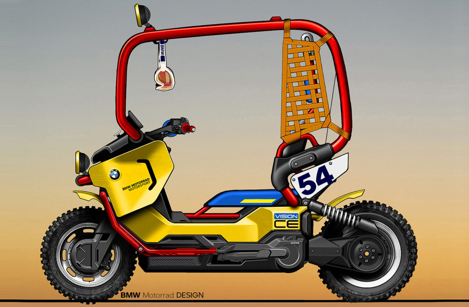 Ein futuristischer gelber und schwarzer BMW Motorroller mit Überrollkäfig, Rennnummer 54 und einem einzigartigen Gurtsitz, dargestellt im Seitenprofil vor einem Himmelshintergrund mit Farbverlauf. Rider's Point der Kaltenbach Gruppe. Dein Partner für BMW Motorrad und Honda.
