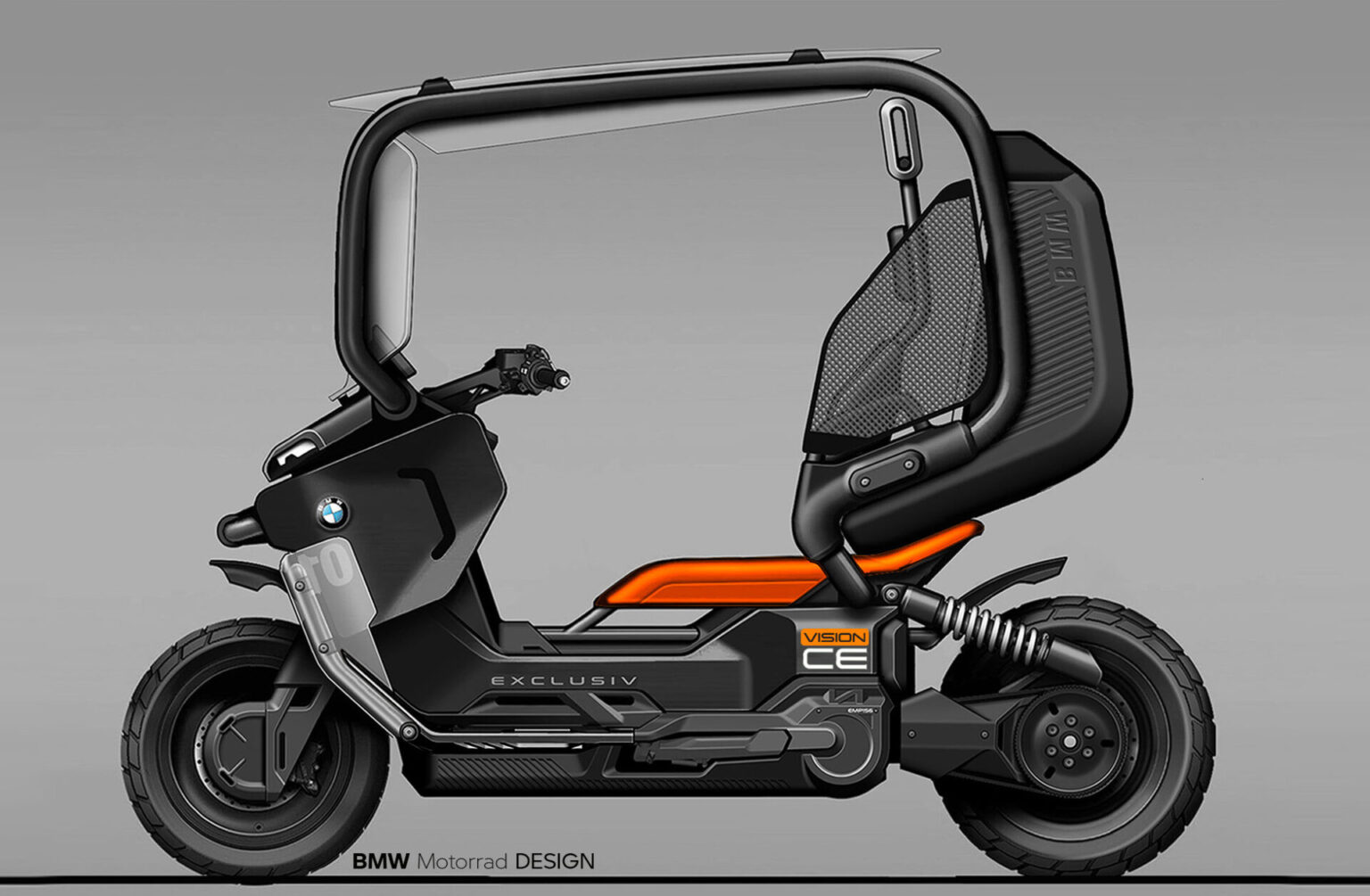 Ein futuristisches Elektroroller-Konzept mit schwarzem Rahmen, orangefarbenen Akzenten, einem großen Sitz und einem einzigartigen Dachhimmel. Das Fahrzeug trägt das Branding von BMW und Vision CE und verbindet modernes Design mit fortschrittlicher Technologie. Rider's Point der Kaltenbach Gruppe. Dein Partner für BMW Motorrad und Honda.
