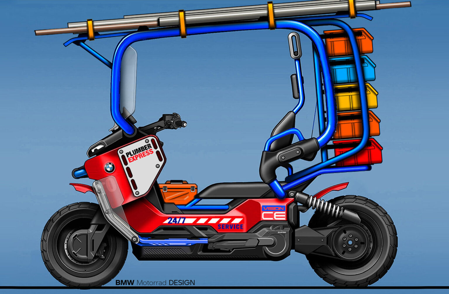 Eine digitale Illustration in der Seitenansicht eines speziell für Klempnerarbeiten konzipierten BMW Elektrorollers mit Werkzeugkästen, Rohren und bunten Aufbewahrungsbehältern auf dem Fahrzeug. Rider's Point der Kaltenbach Gruppe. Dein Partner für BMW Motorrad und Honda.