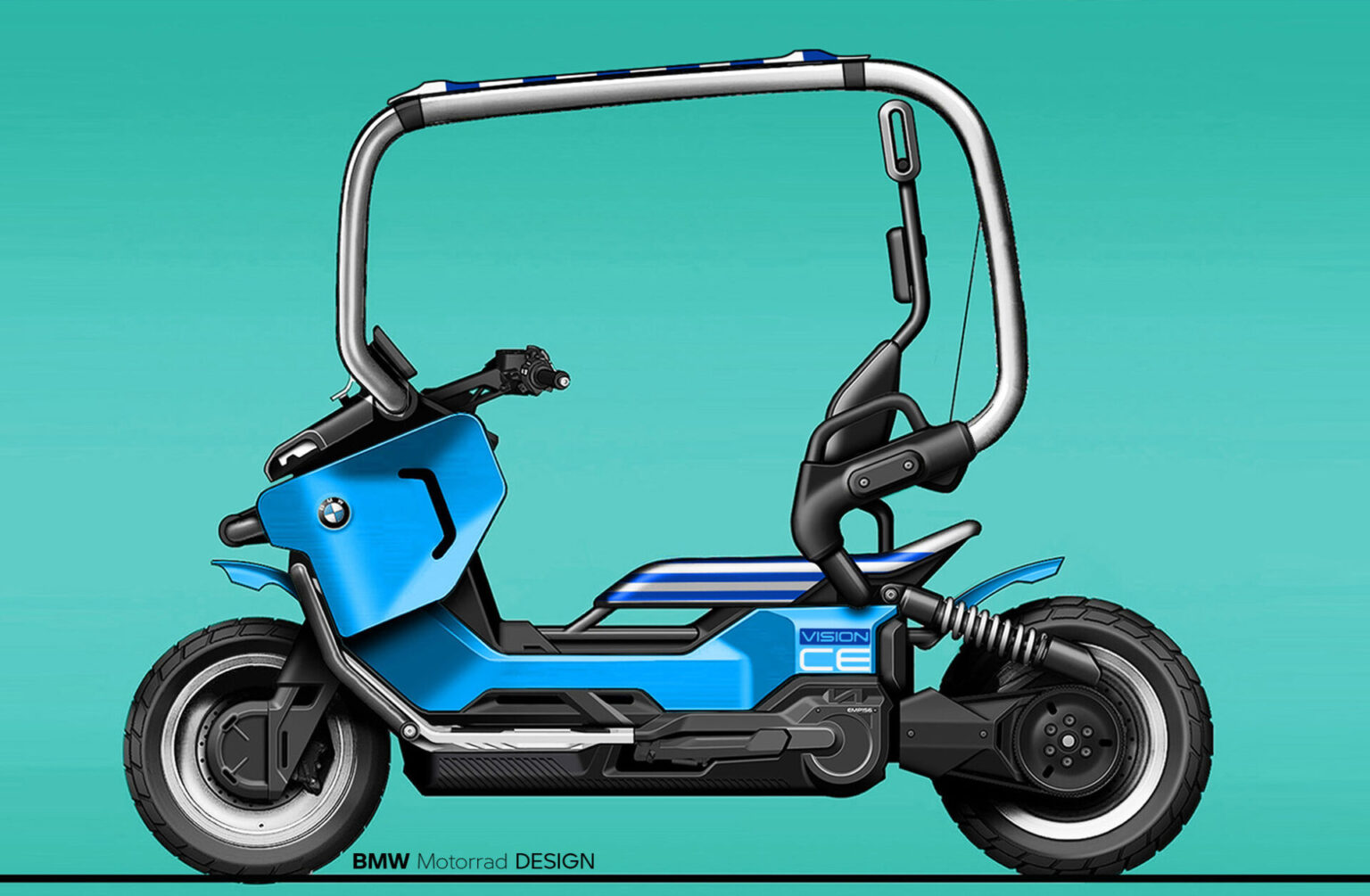 Illustration eines futuristischen Elektrorollers mit hellblauer Karosserie, großen Reifen und einem markanten Schutzrahmen, der sich über den Sitz wölbt. Das Design ist schlank und modern, mit sichtbarem BMW Motorrad DESIGN Schriftzug. Rider's Point der Kaltenbach Gruppe. Dein Partner für BMW Motorrad und Honda.