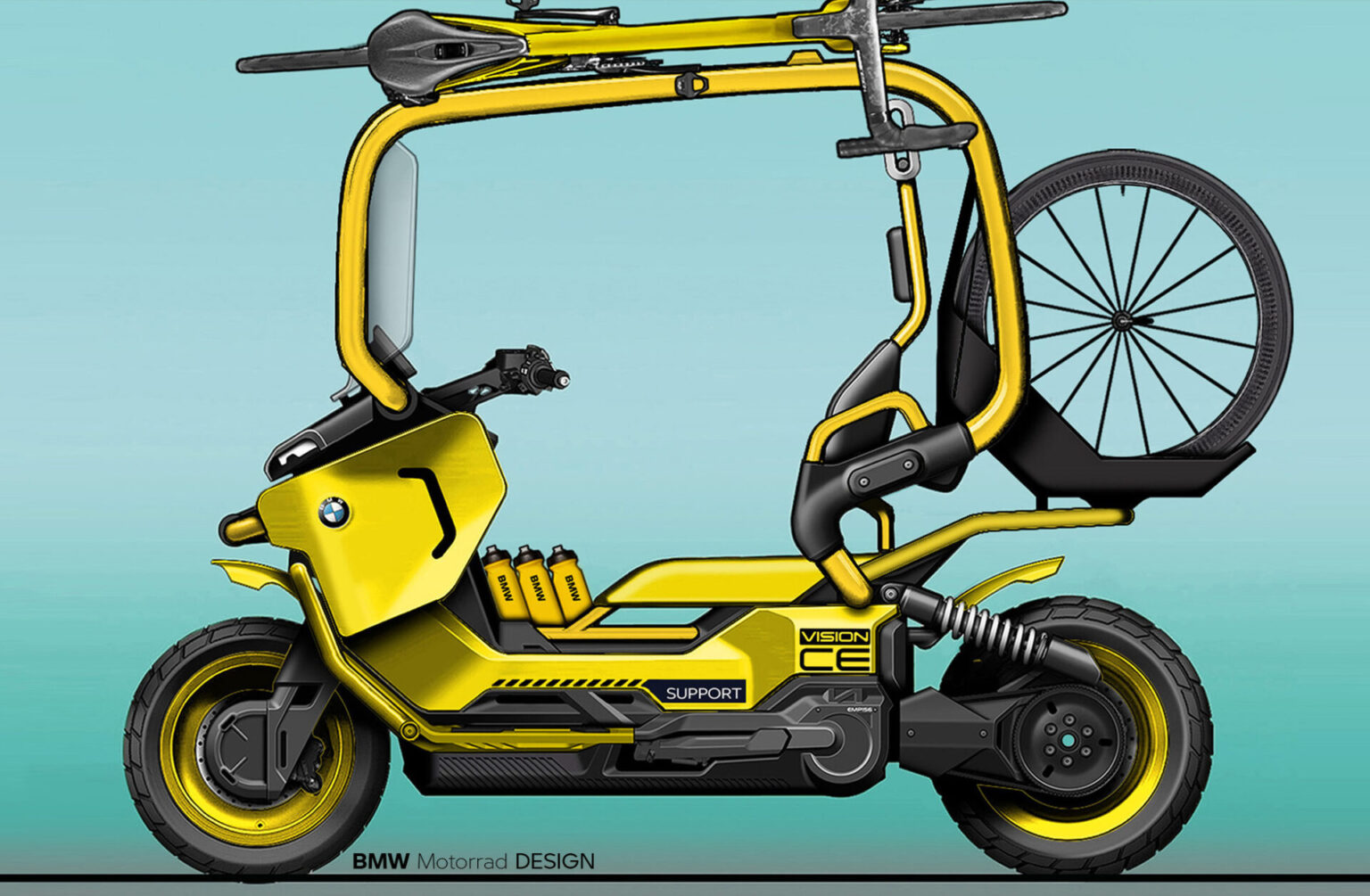 Gezeigt wird ein gelber BMW Vision CE Support Elektroroller in Profilansicht, der mit einem montierten Fahrrad und einem Reserverad am Rahmen ausgestattet ist und für urbane Mobilität und Unterstützungsfunktionen ausgelegt ist. Der Hintergrund ist ein einfarbiger Farbverlauf in Teal. Rider's Point der Kaltenbach Gruppe. Dein Partner für BMW Motorrad und Honda.