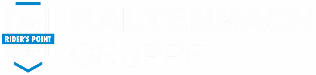 Weißes Logo mit einem Schild mit Fahrradsymbol, "Rider's Point" in Blau und "Kaltenbach Gruppe" in großen, fetten weißen Buchstaben auf einem hellgrauen Infobanner - jetzt mit einem 20 %-Gutscheinangebot. Rider's Point der Kaltenbach Gruppe. Dein Partner für BMW Motorrad und Honda.