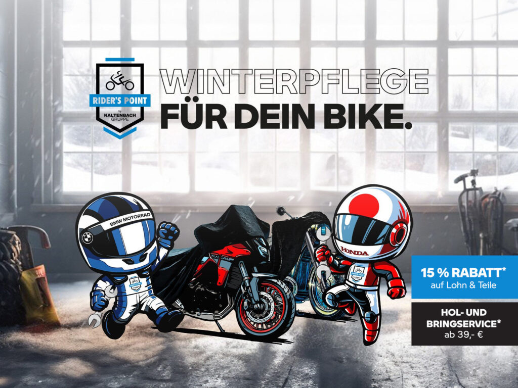 Zwei Cartoon-Motorradfahrer in BMW- und Honda-Klamotten stehen neben abgedeckten Motorrädern in einer Werkstatt. Der Text auf Deutsch hebt die Winterpflege für Dein Bike und einen Rabatt von 15 % auf Arbeit und Teile für die Winterpflege hervor. Rider's Point der Kaltenbach Gruppe. Dein Partner für BMW Motorrad und Honda.