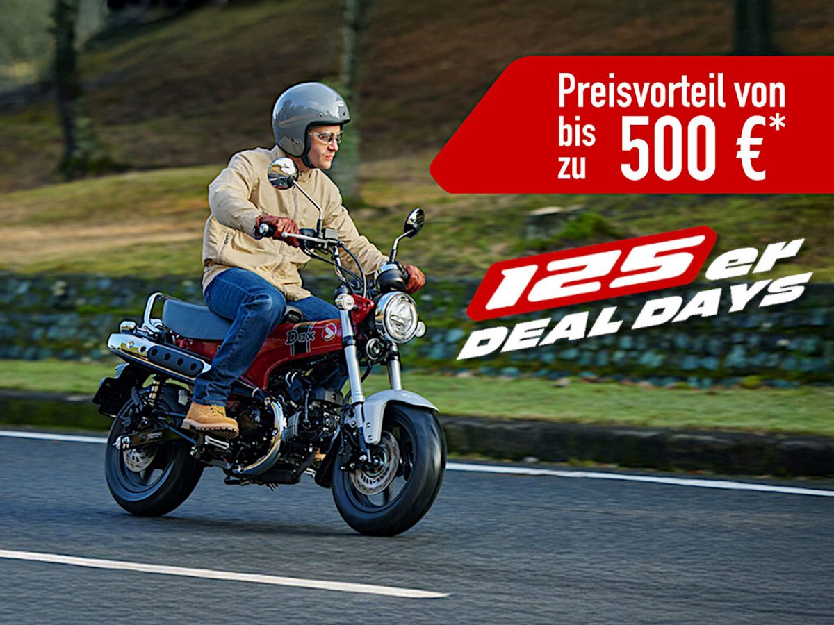 Eine Person in hellbrauner Jacke und mit Helm fährt ein kleines rotes Motorrad auf einer Straße. Der Text in deutscher Sprache wirbt für einen Preisnachlass von bis zu 500 Euro und weist auf die HONDA 125er Deal Days hin. Rider's Point der Kaltenbach Gruppe. Dein Partner für BMW Motorrad und Honda.